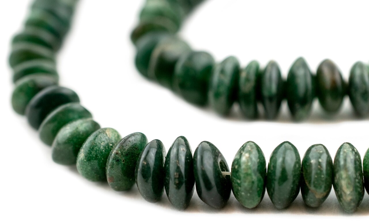 The Bead Chest: Graduated Dark Green Aventurine Saucer Beads | Stone Jewelry Craft with Full Strand